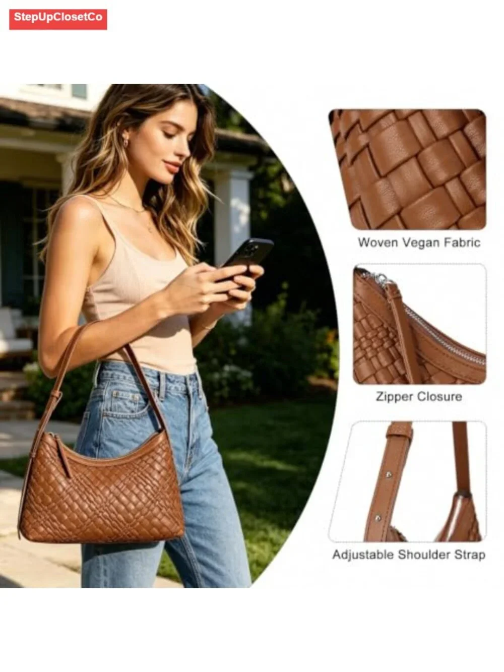 Handwoven Hobo Shoulder Bag Vegan Leather Adjustable Strap